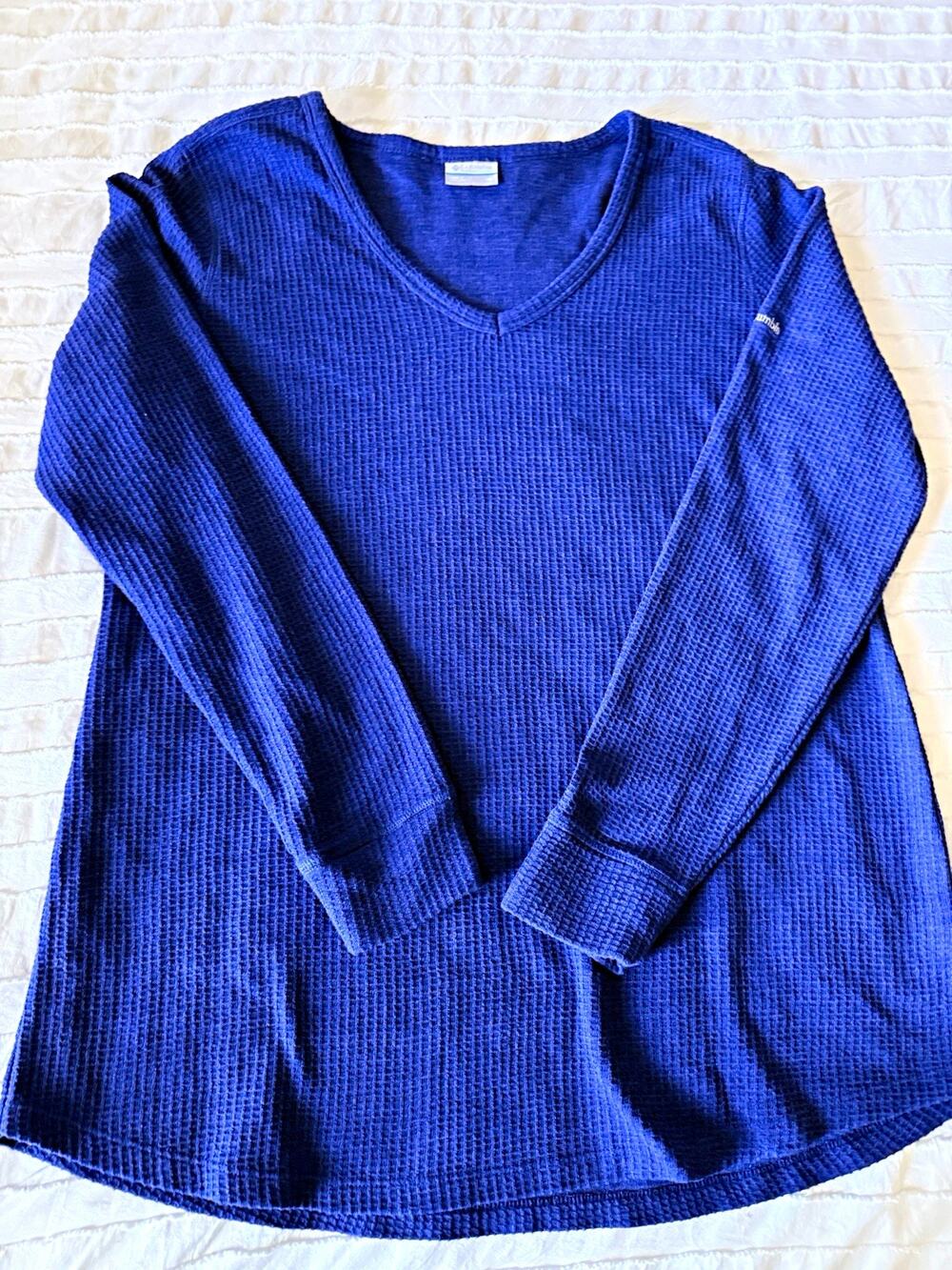 Columbia Women’s Blue Waffle Knit V-Neck Pullover Shirt Long Sleeve XL